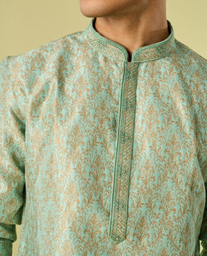 Diwas Men Aqua Green Brocade Kurta
