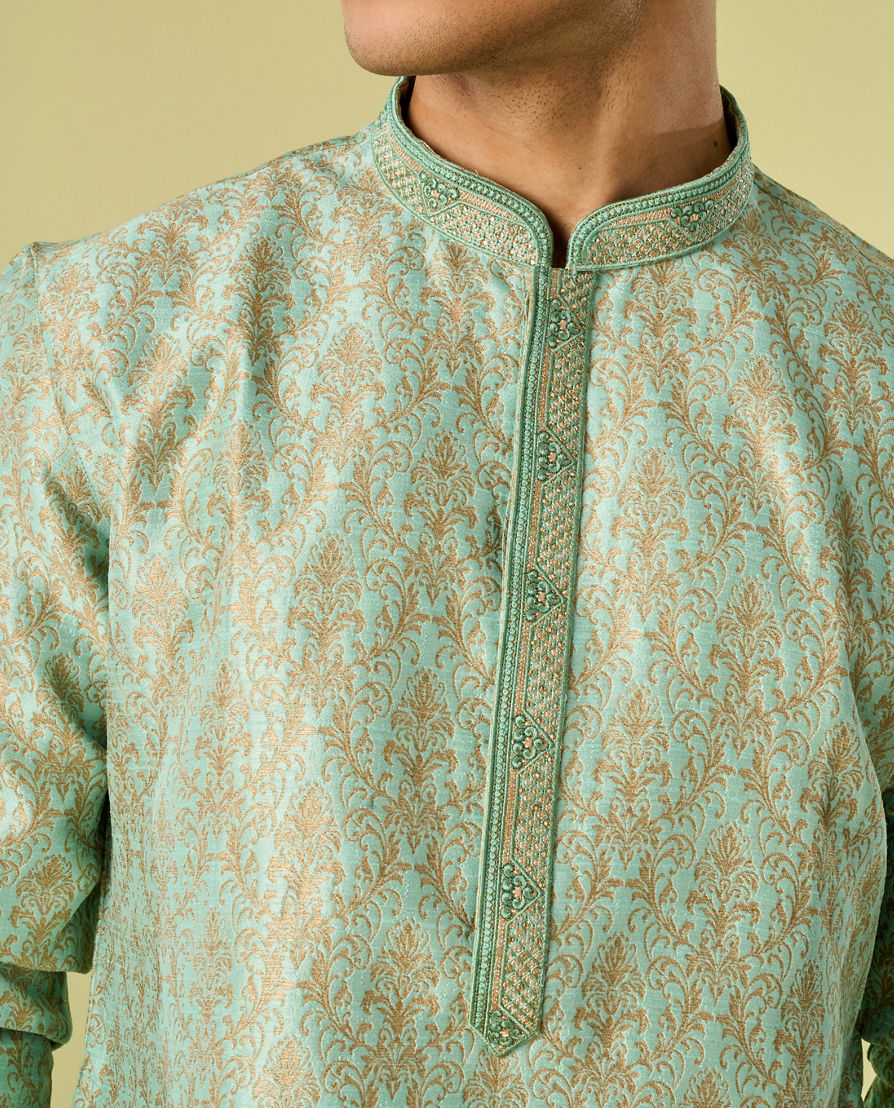 Diwas Men Aqua Green Brocade Kurta