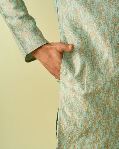 Diwas Men Aqua Green Brocade Kurta