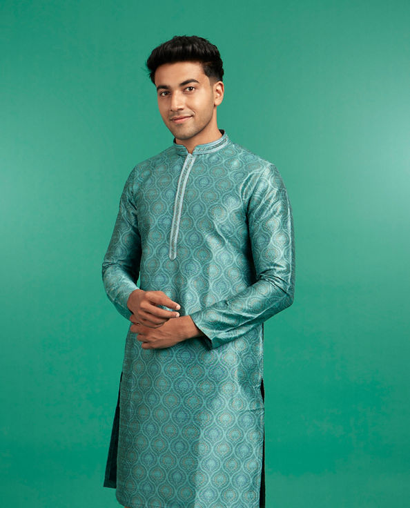 Diwas Men Teal Green Brocade Kurta