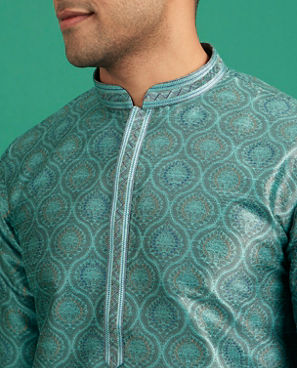 Diwas Men Teal Green Brocade Kurta