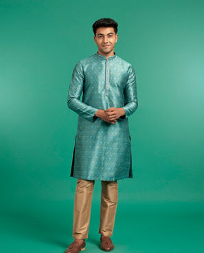 Diwas Men Teal Green Brocade Kurta