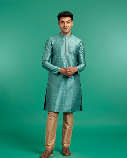 Diwas Men Teal Green Brocade Kurta