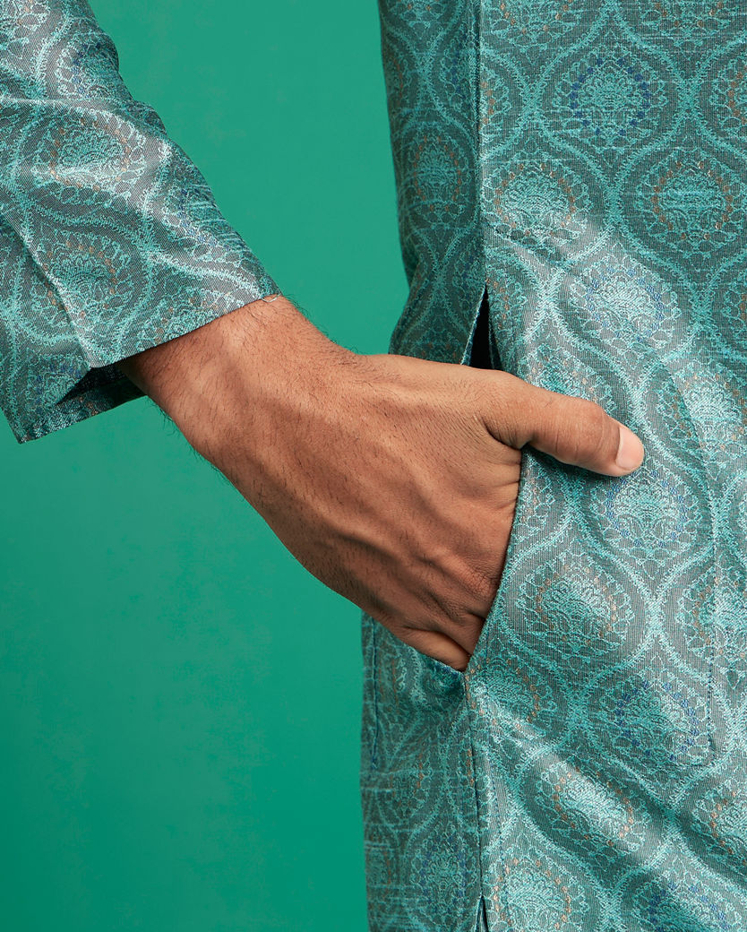 Diwas Men Teal Green Brocade Kurta