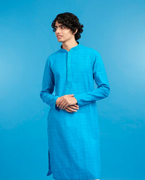 Diwas Men Mid Blue Cotton Splendor Kurta