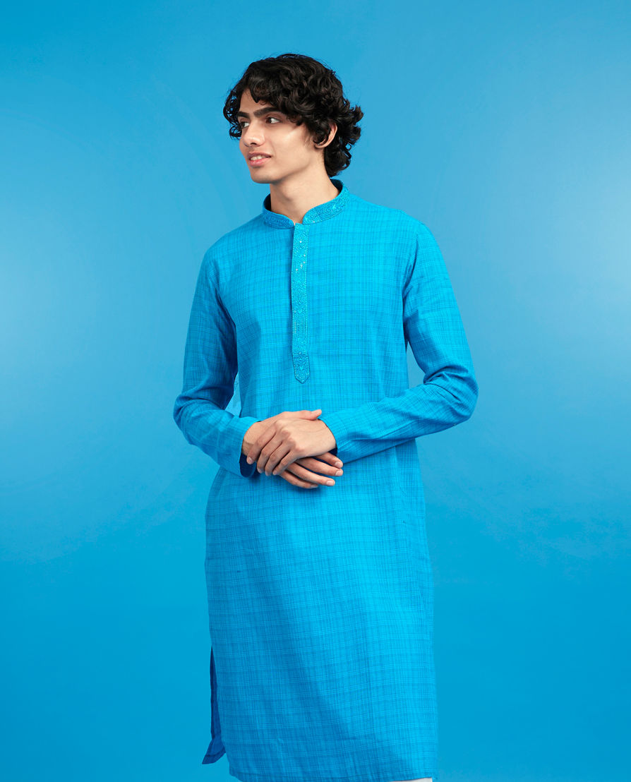 Diwas Men Mid Blue Cotton Splendor Kurta