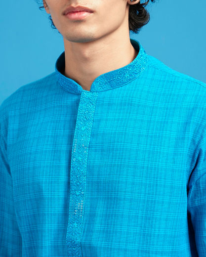 Diwas Men Mid Blue Cotton Splendor Kurta