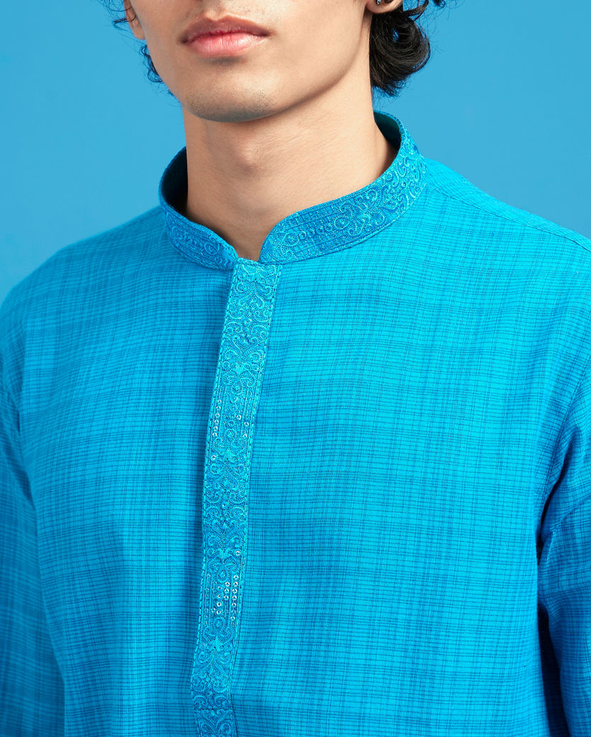 Diwas Men Mid Blue Cotton Splendor Kurta