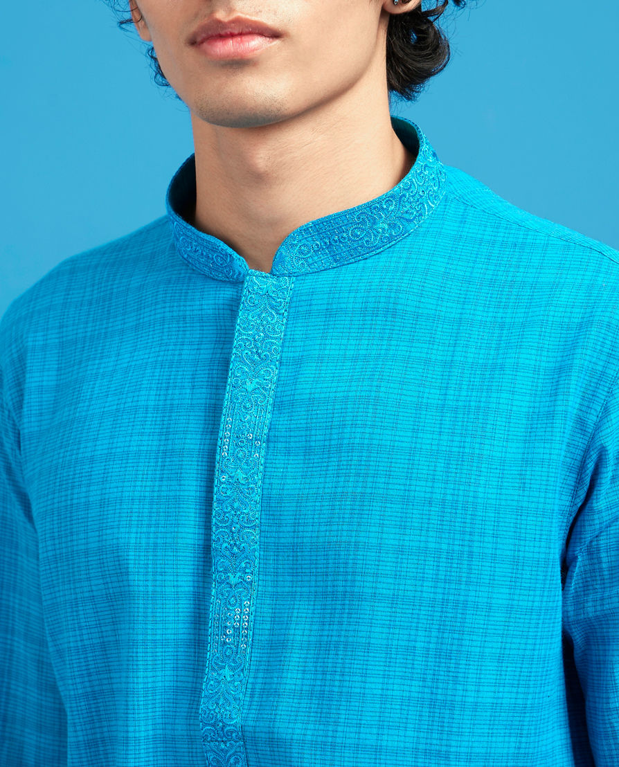Diwas Men Mid Blue Cotton Splendor Kurta
