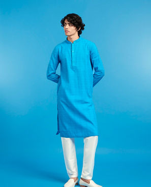 Diwas Men Mid Blue Cotton Splendor Kurta