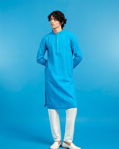 Diwas Men Mid Blue Cotton Splendor Kurta
