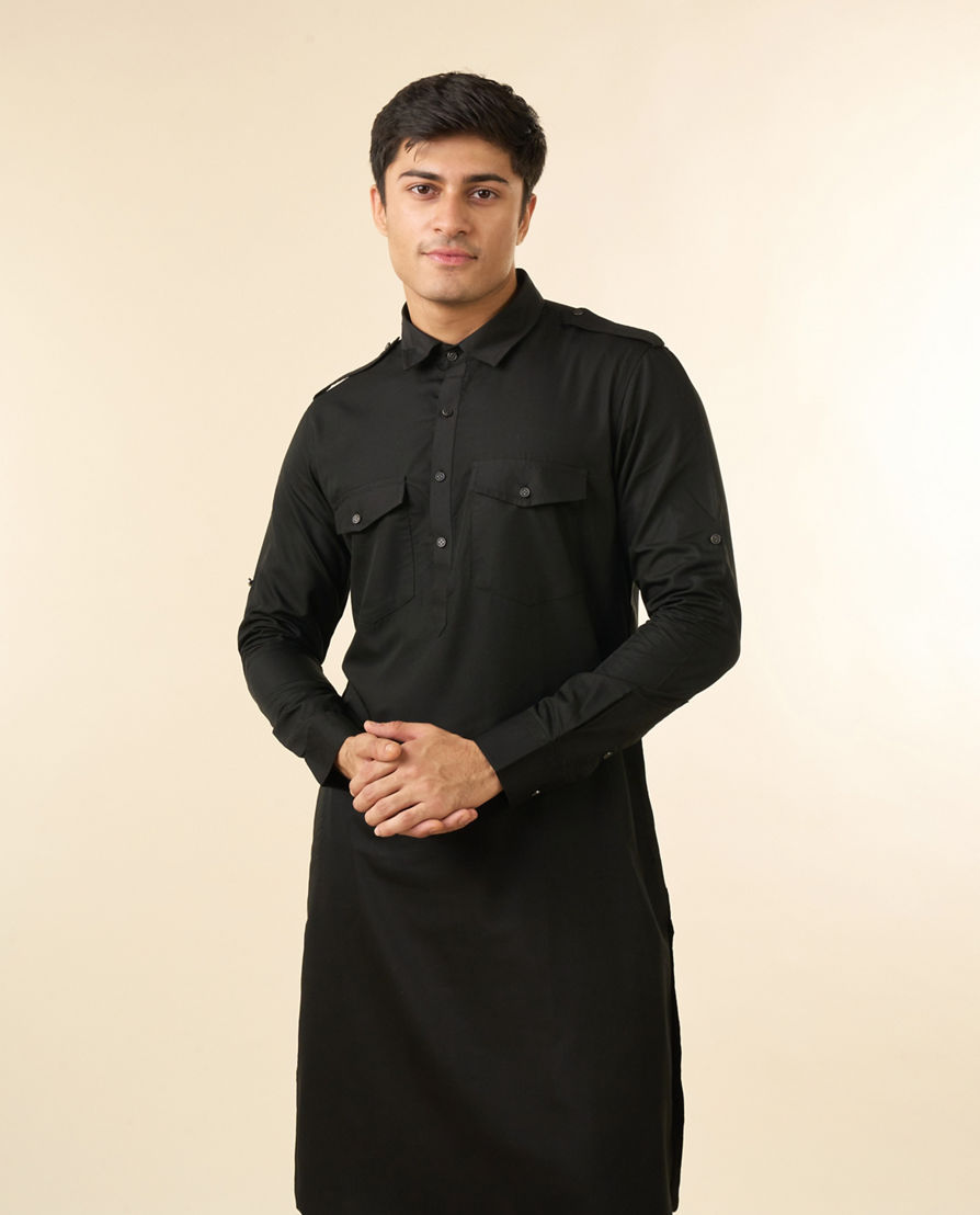 Diwas Men Black Blended Cotton Pathani Kurta