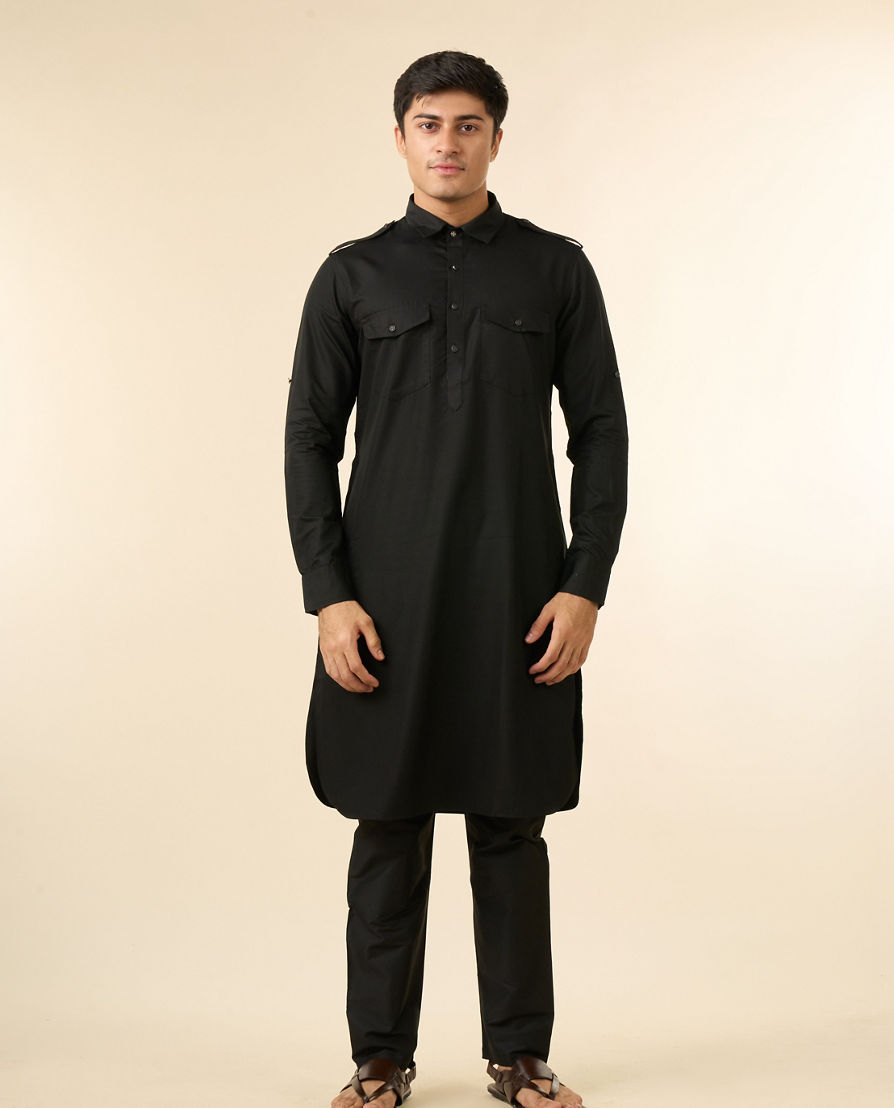Diwas Men Black Blended Cotton Pathani Kurta