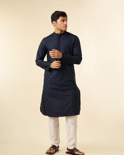 Diwas Men Dark Blue Blended Viscose Jacquard Kurta