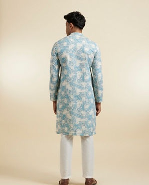 Diwas Men Aqua Green Highlighted Cream Kurta