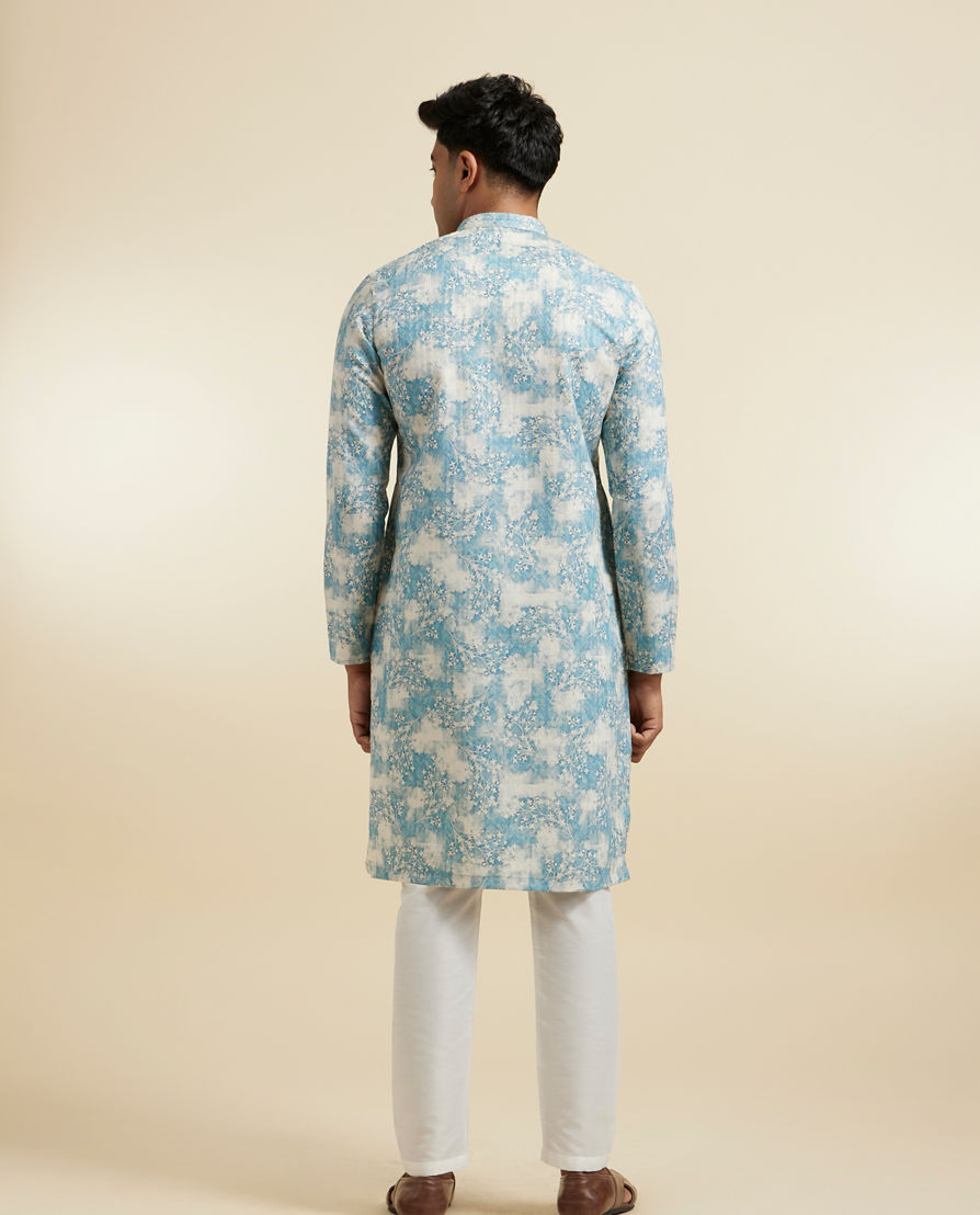 Diwas Men Aqua Green Highlighted Cream Kurta