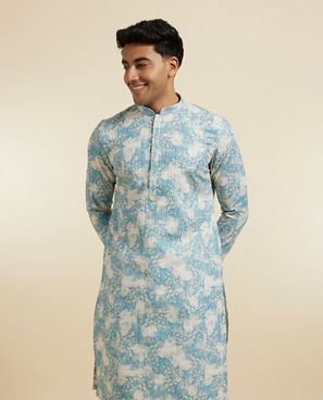 Diwas Men Aqua Green Highlighted Cream Kurta