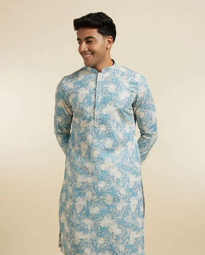 Diwas Men Aqua Green Highlighted Cream Kurta