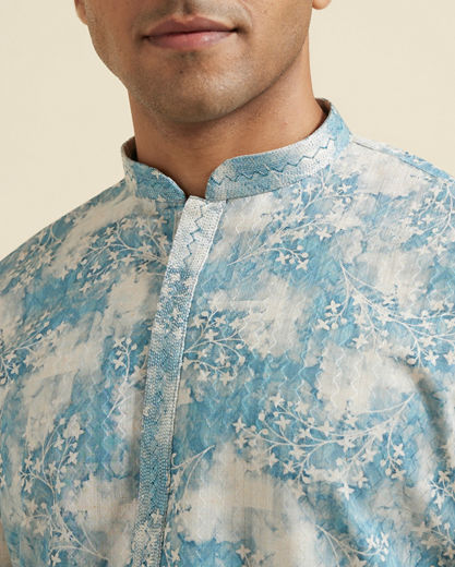 Diwas Men Aqua Green Highlighted Cream Kurta