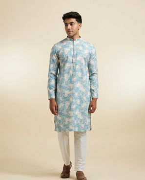 Diwas Men Aqua Green Highlighted Cream Kurta