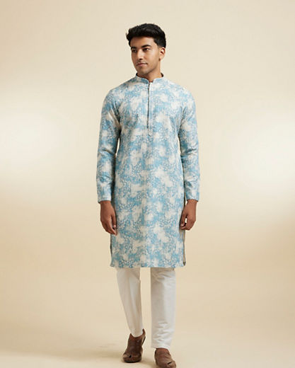 Diwas Men Aqua Green Highlighted Cream Kurta