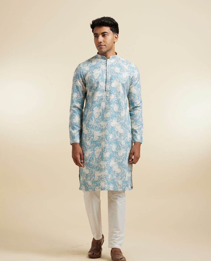 Diwas Men Aqua Green Highlighted Cream Kurta