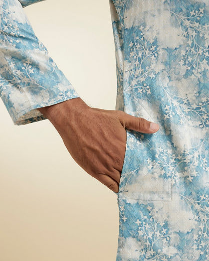 Diwas Men Aqua Green Highlighted Cream Kurta