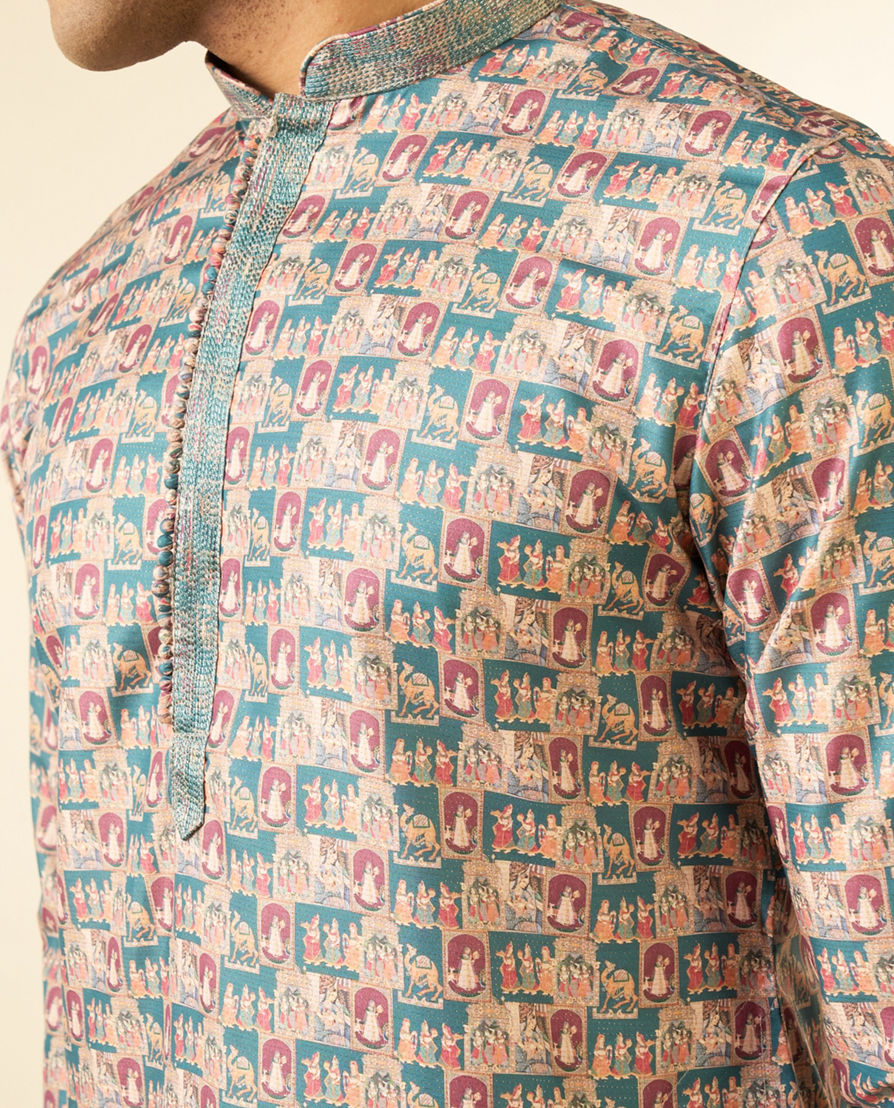 Diwas Men Teal Green Festive Kurta