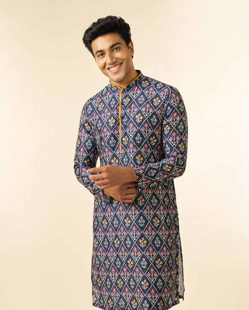 Diwas Men Blue Art Silk Printed Fancy Kurta