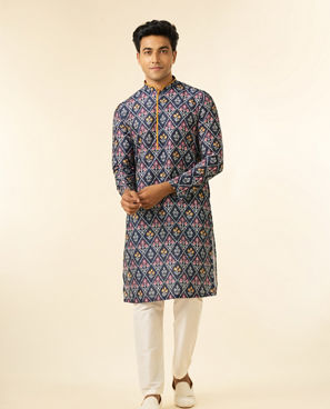 Diwas Men Blue Art Silk Printed Fancy Kurta
