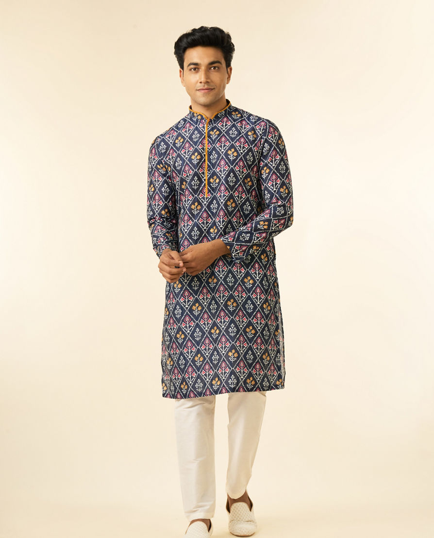 Diwas Men Blue Art Silk Printed Fancy Kurta