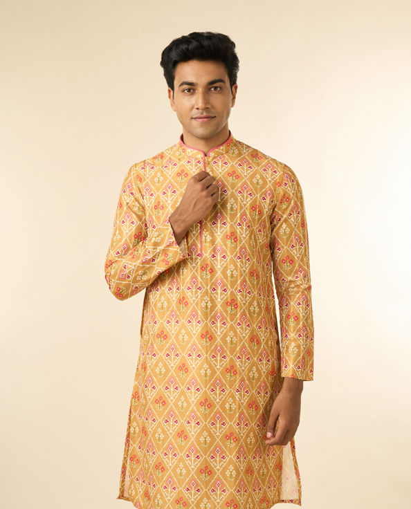 Diwas Men Mustard Art Silk Printed Fancy Kurta