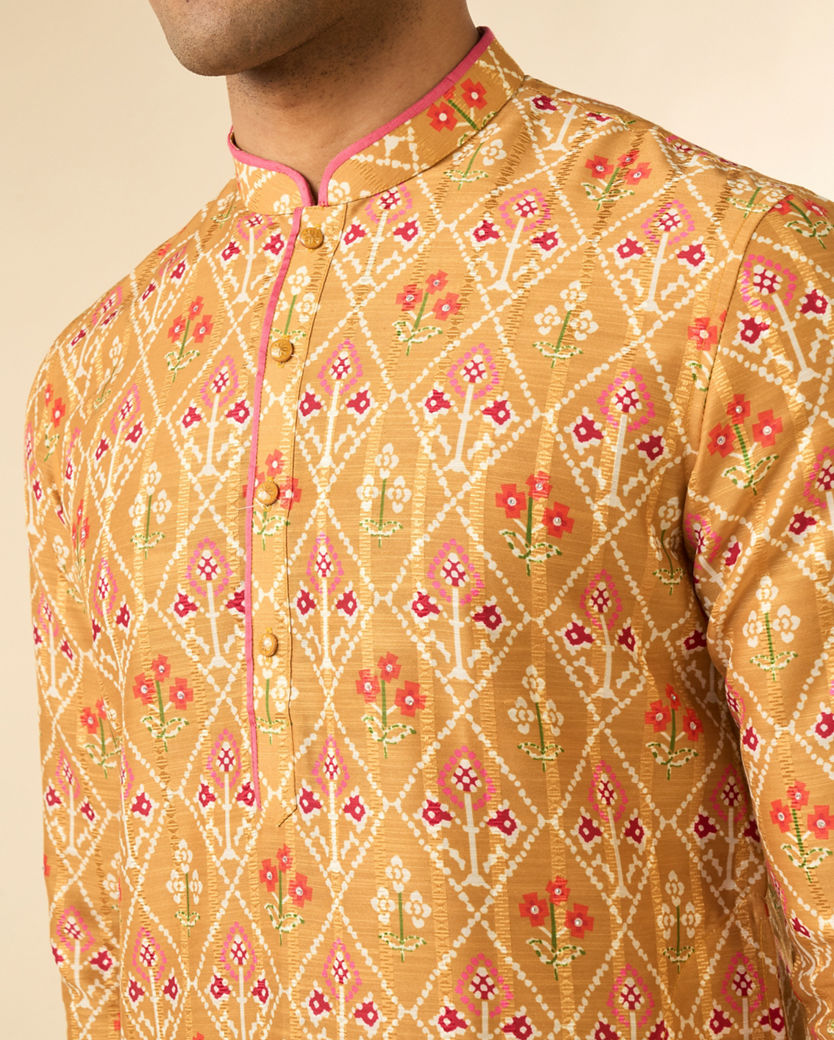 Diwas Men Mustard Art Silk Printed Fancy Kurta