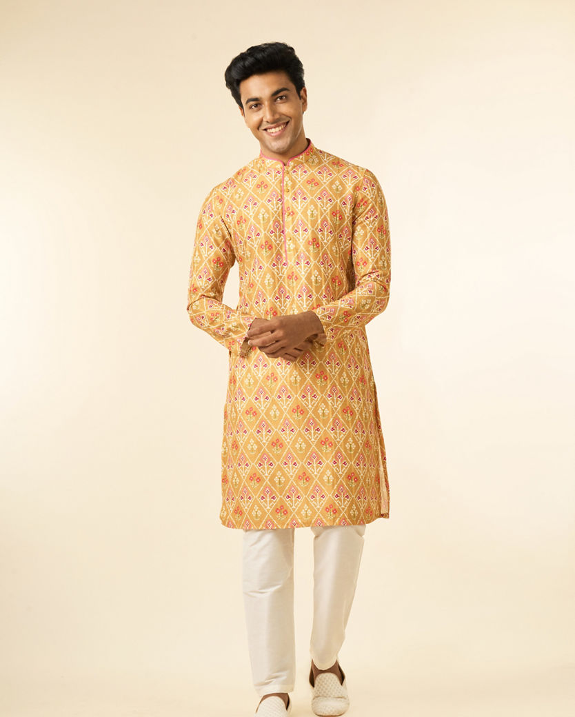 Diwas Men Mustard Art Silk Printed Fancy Kurta