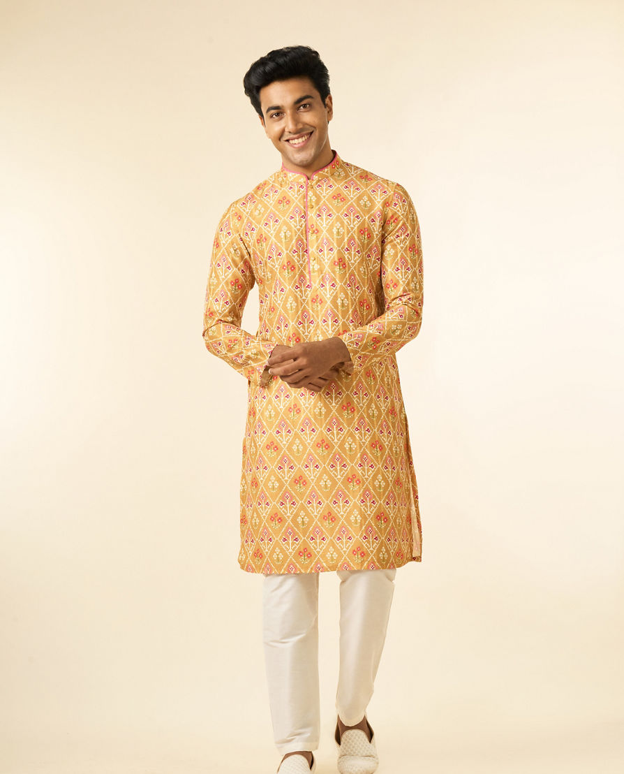 Diwas Men Mustard Art Silk Printed Fancy Kurta