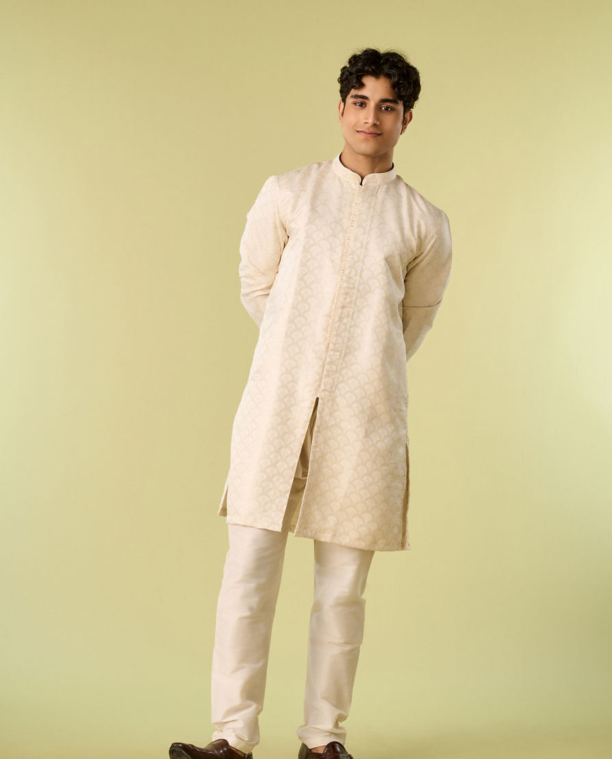 Diwas Men Cream Brocade Front Open Kurta