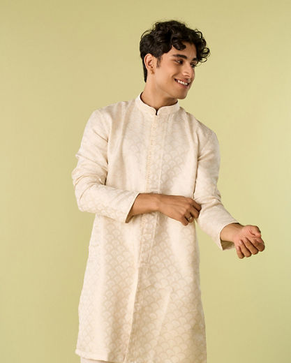 Diwas Men Cream Brocade Front Open Kurta
