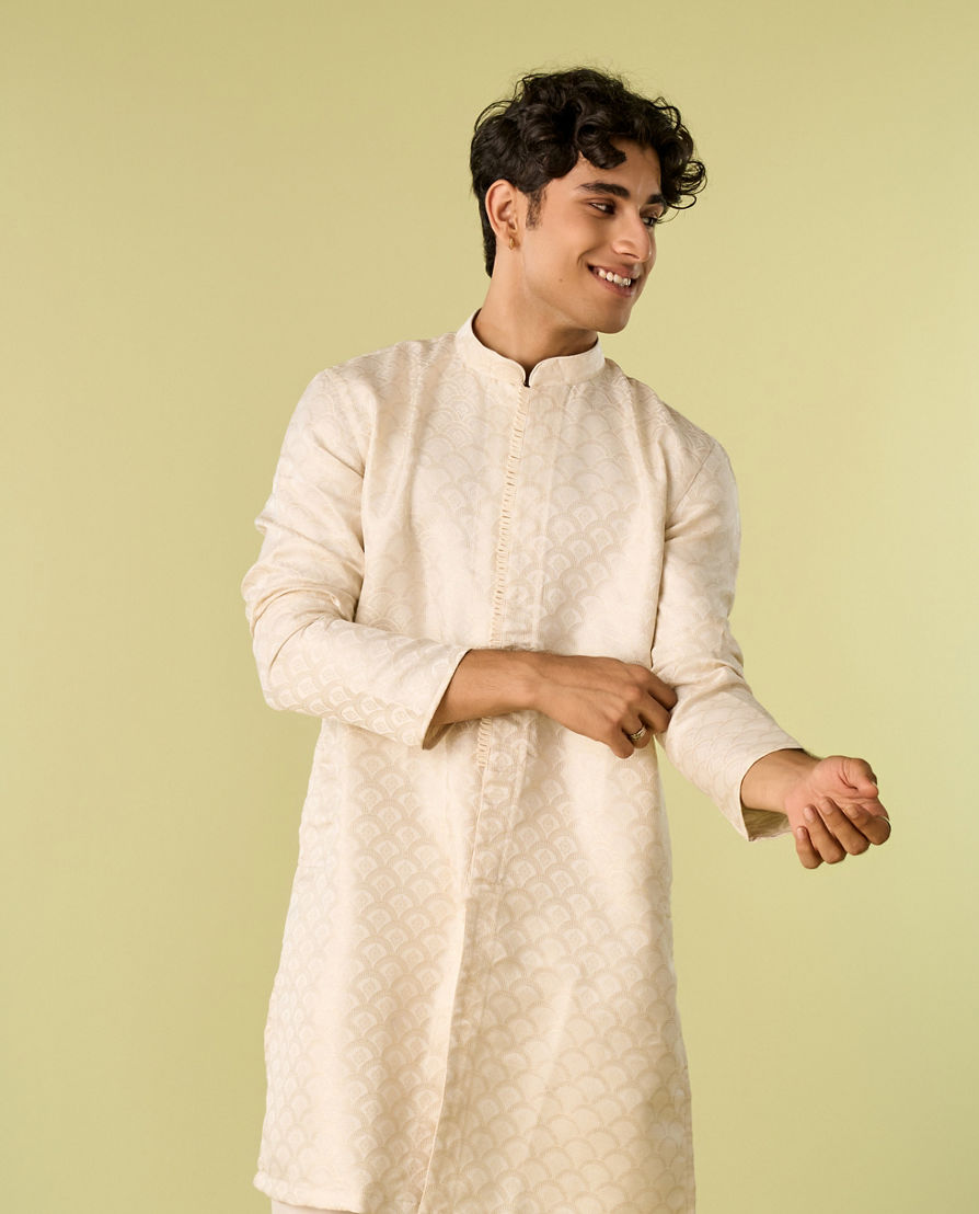Diwas Men Cream Brocade Front Open Kurta