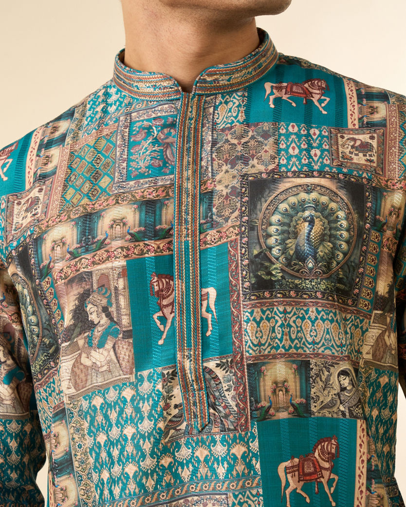 Diwas Men Festive Teal Green Kurta