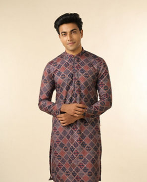 Diwas Men Dark Blue Blended Cotton Printed Fancy Kurta