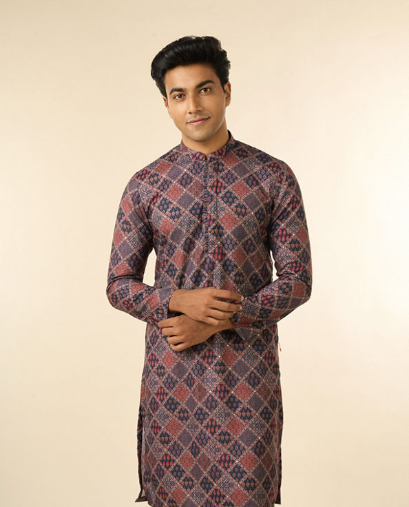 Diwas Men Dark Blue Blended Cotton Printed Fancy Kurta