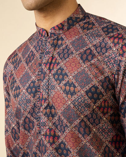 Diwas Men Dark Blue Blended Cotton Printed Fancy Kurta