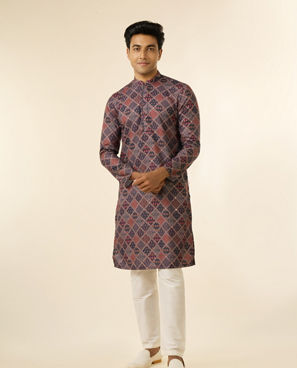 Diwas Men Dark Blue Blended Cotton Printed Fancy Kurta