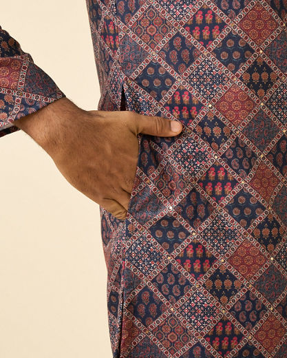 Diwas Men Dark Blue Blended Cotton Printed Fancy Kurta