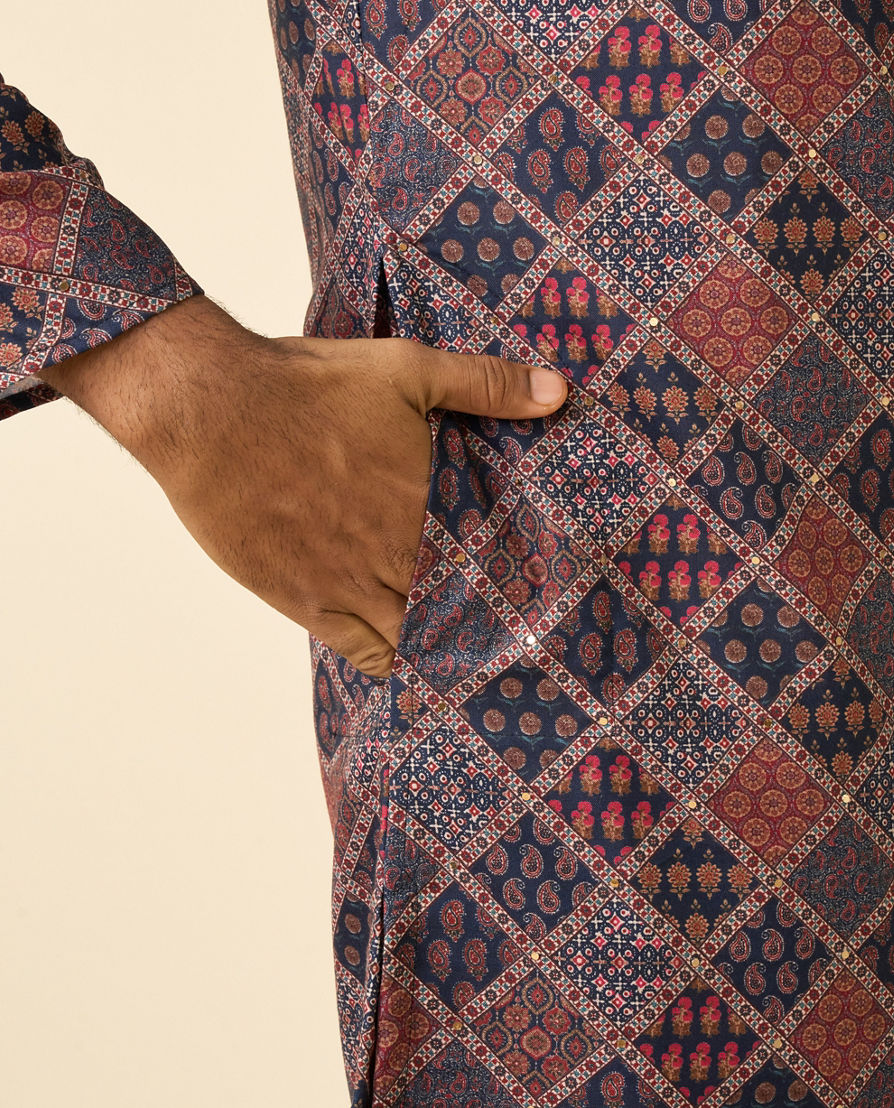 Diwas Men Dark Blue Blended Cotton Printed Fancy Kurta