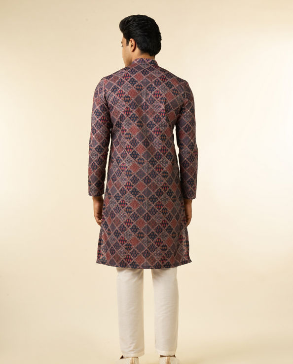 Diwas Men Dark Blue Blended Cotton Printed Fancy Kurta