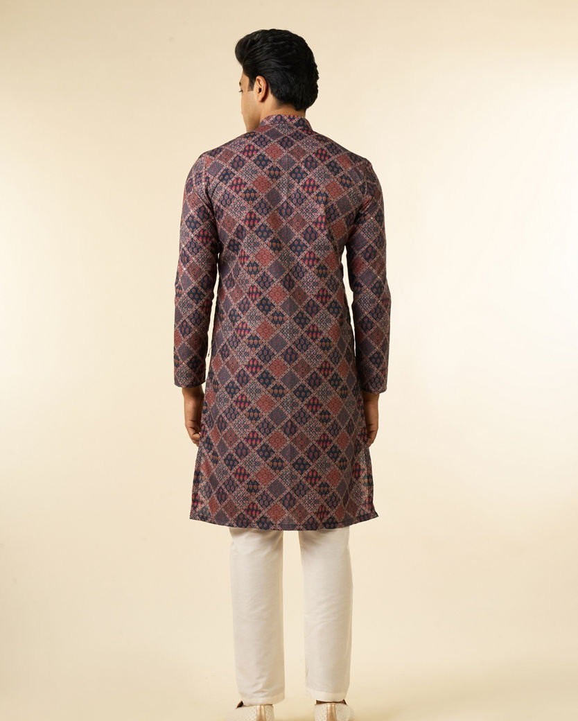 Diwas Men Dark Blue Blended Cotton Printed Fancy Kurta
