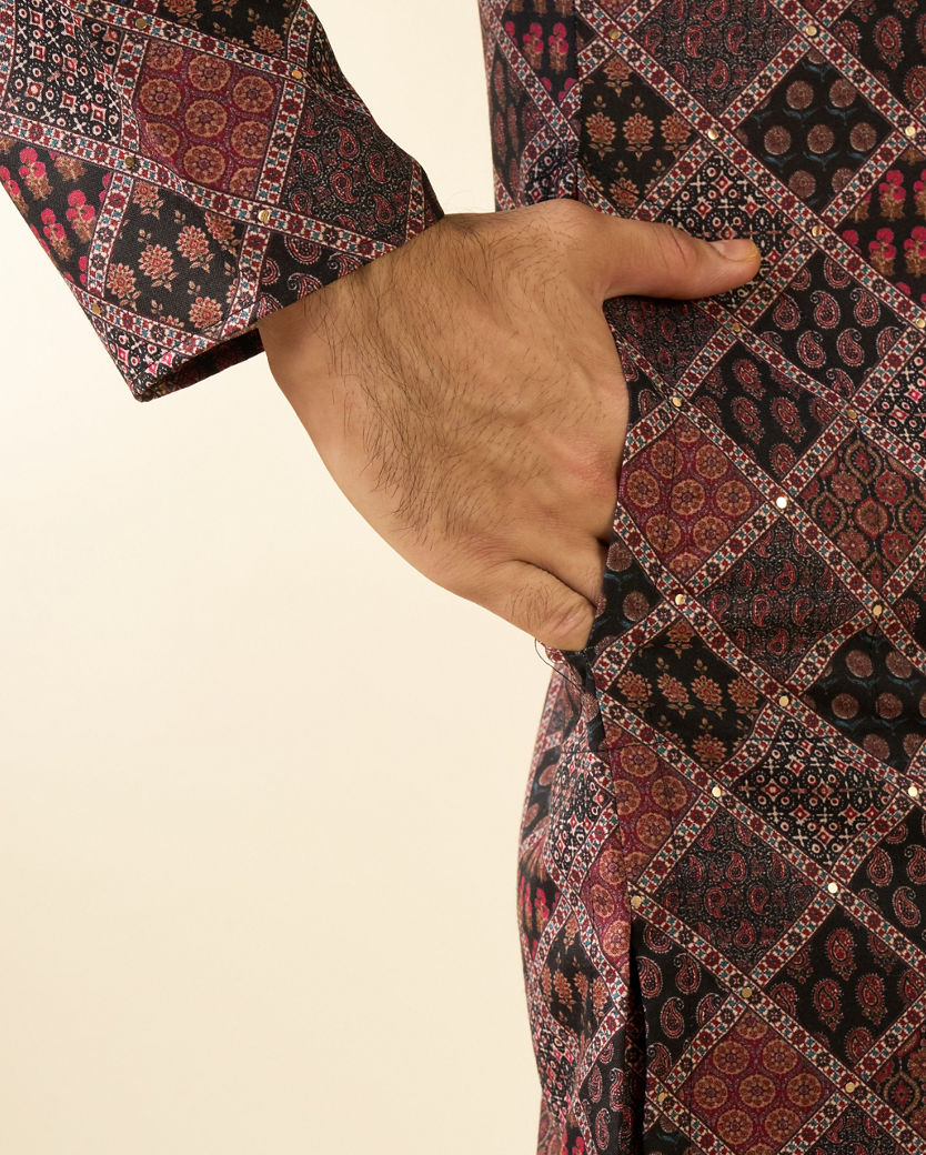 Diwas Men Black Blended Cotton Printed Fancy Kurta