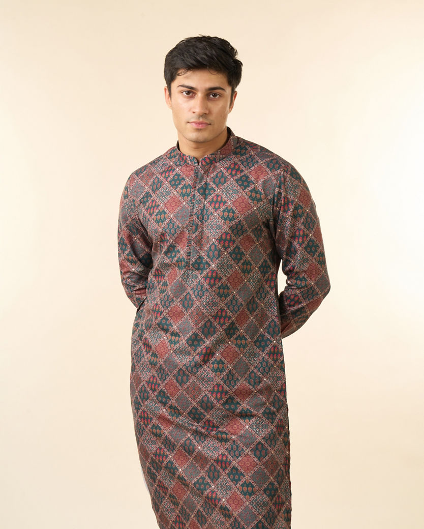 Diwas Men Dark Green Blended Cotton Printed Fancy Kurta