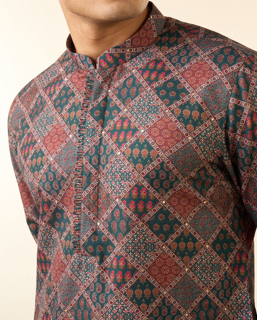 Diwas Men Dark Green Blended Cotton Printed Fancy Kurta
